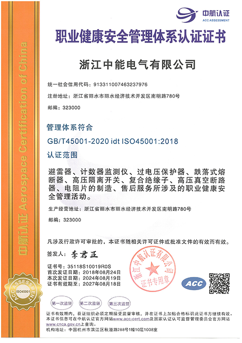 職業(yè)健康安全管理體系認(rèn)證證書(shū)